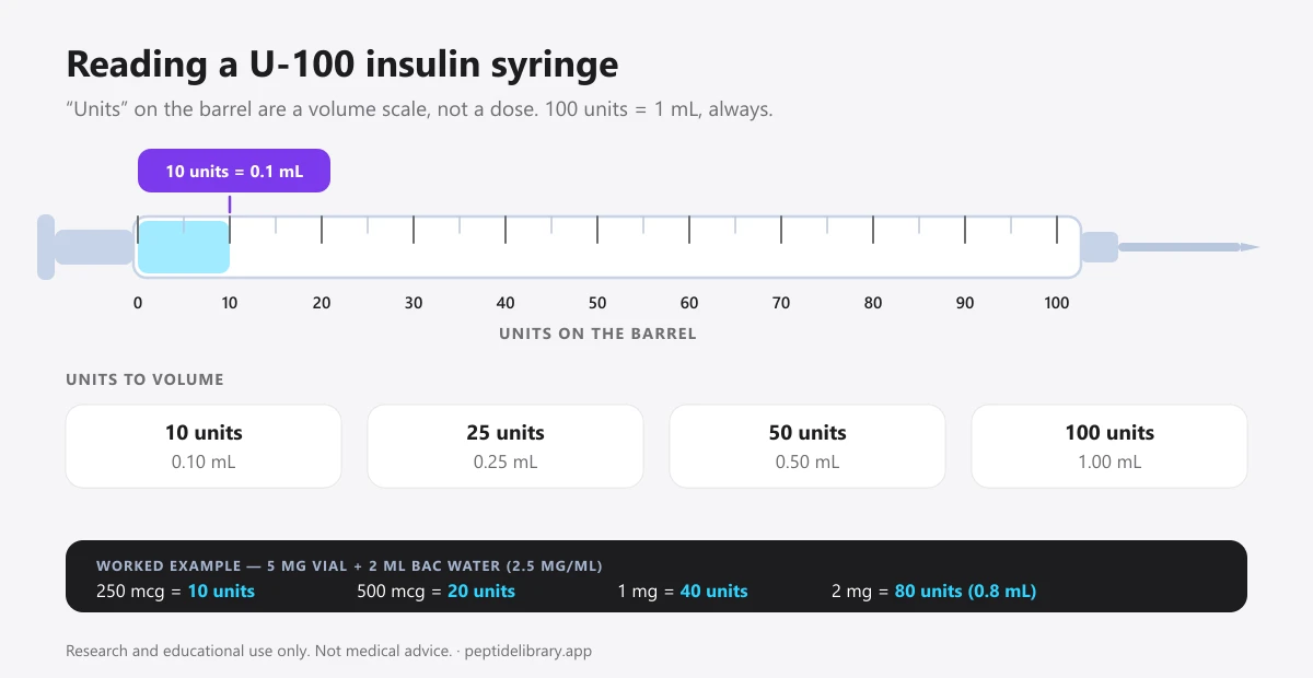 U-100 insulin syringe diagram showing that 10 units equals 0.1 mL, 25 units equals 0.25 mL, 50 units equals 0.5 mL and 100 units equals 1 mL