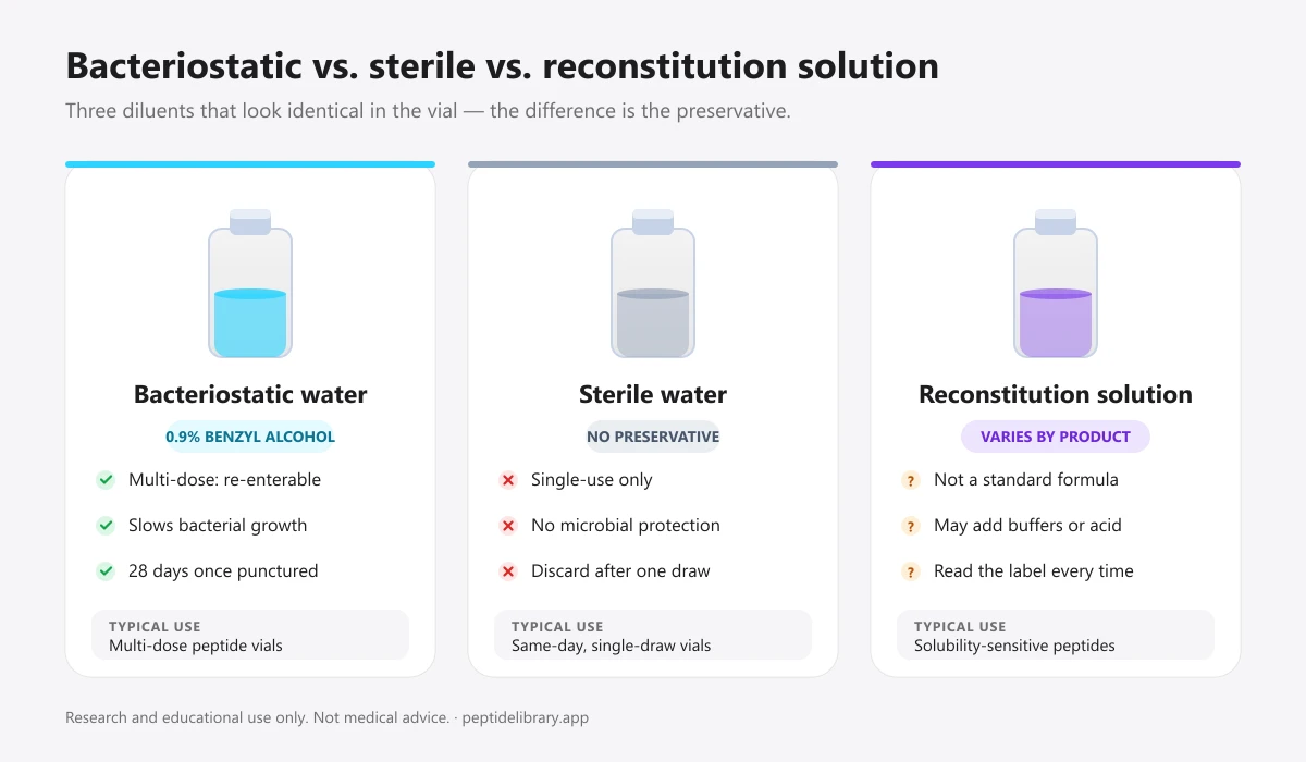 Comparison of bacteriostatic water, sterile water, and reconstitution solution showing preservative content, re-entry limits, and typical use for peptide vials